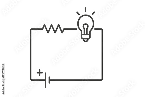 Basic electrical circuit with battery, resistor, and illuminated light bulb