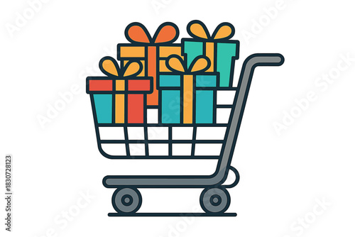 Shopping cart filled with colorful wrapped gifts and presents for holiday commerce
