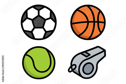 Essential sports gear set featuring soccer, basketball, tennis balls, and a referee whistle
