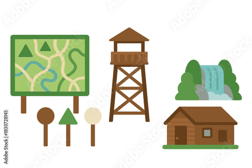 Outdoor recreation and nature park elements set featuring trail map, observation tower, cabin, and waterfall