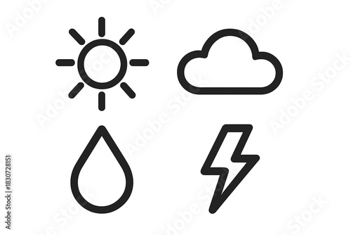 Simple outline weather forecast icons set with sun cloud rain and lightning symbols
