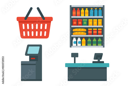 Essential supermarket shopping elements including checkout counter, self-service kiosk, basket, and product shelf