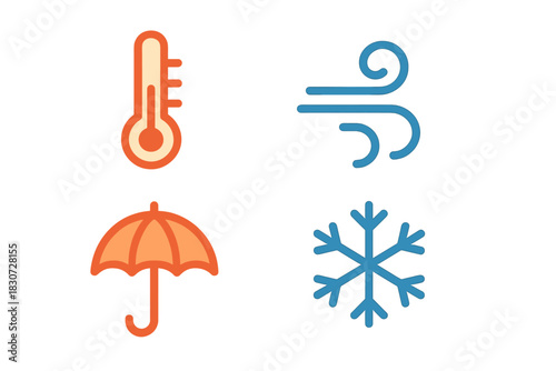 Set of essential weather forecast icons including thermometer, wind, umbrella, and snowflake