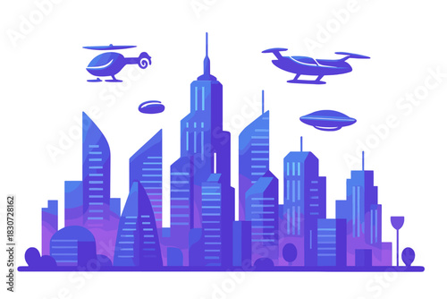 Neon purple and blue metropolis skyline featuring advanced aerial transport