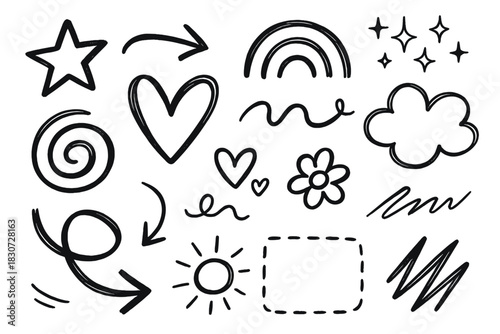 Hand drawn doodle elements set including arrows hearts stars sun cloud and scribbles