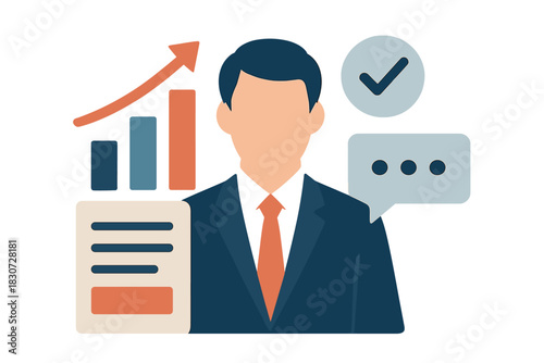 Professional businessman avatar with growth chart, document, and communication icons