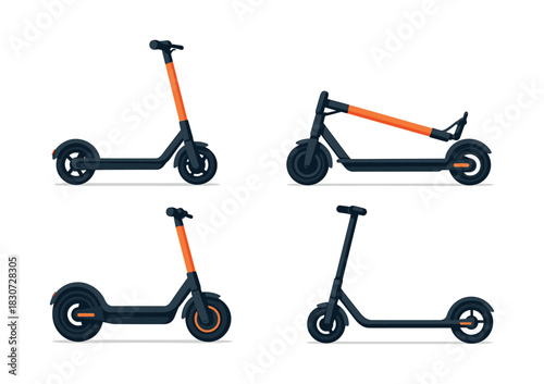 Electric scooter set, foldable and standing, flat vector illustration