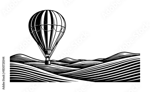 Vintage hot air balloon soars peacefully over rolling hills, a timeless travel concept
