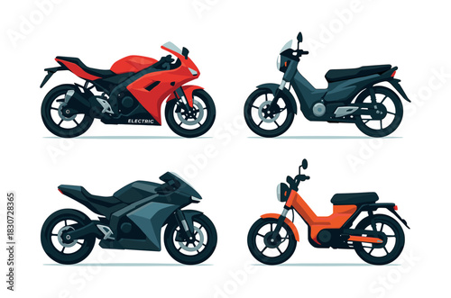 Electric motorcycles and scooters collection, flat vector illustration, modern design