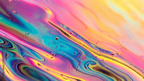 Abstract background of colorful iridescent liquid. Psychedelic swirls of pink, blue, and yellow on a soap bubble surface. Modern fluid art texture