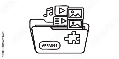 Picked file of puzzle game thin line icon, data hoarding concept. Vector graphics. File of media content with arrange button sign on white background, style icon mobile or web desig