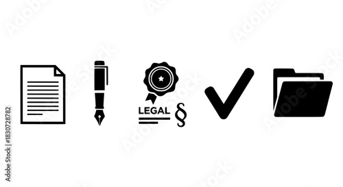Legal documents and law symbols icons, graphic set, and business icons