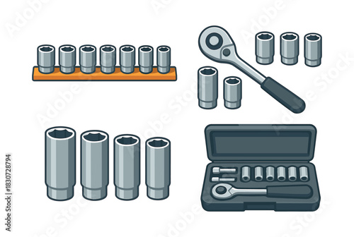 Socket wrench set, ratchet tools, kit elements, flat vector illustration