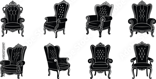 Set of vintage royal armchairs, elegant antique furniture vector illustration, classic luxury baroque style chairs, ornate interior decoration, retro design collection, silhouette art.