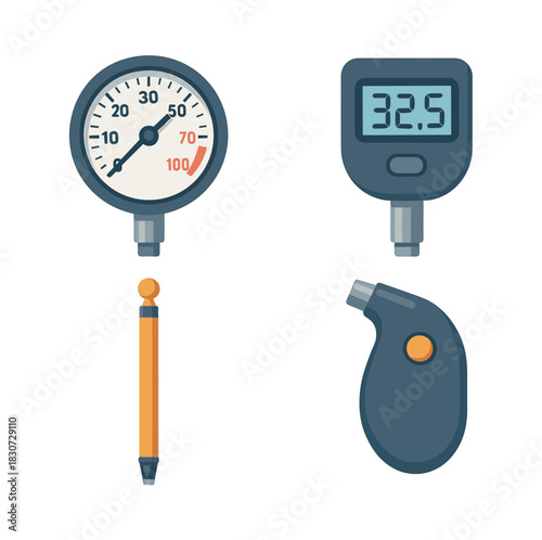 Pressure gauge and thermometers, flat vector illustration of measuring tools