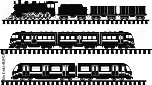 Set of vintage steam train, modern passenger train and urban metro silhouette illustrations on railway tracks, detailed transportation vector collection for design projects