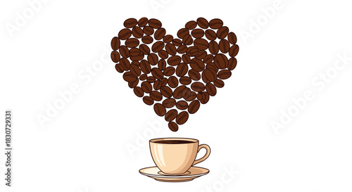 Coffee beans form a heart shape above a cup, illustrating a deep love for the morning brew or a cozy coffee break.