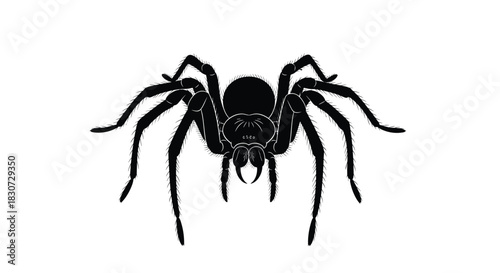 Black silhouette of a creepy tarantula spider, an intimidating arachnid, isolated on a stark white background.