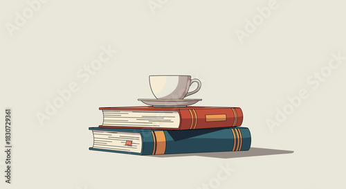 A simple illustration depicting a teacup and saucer resting on top of a stack of two colorful books, set against a minimalist background.