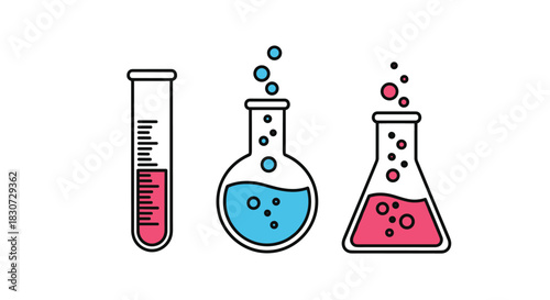 Illustration of chemistry lab glassware: a test tube, round-bottom flask, and Erlenmeyer flask, filled with colorful bubbling liquids, representing science.