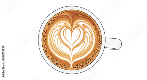 A top-down view of a delicious hot latte with intricate heart-shaped latte art in a white ceramic mug, isolated on a white background.