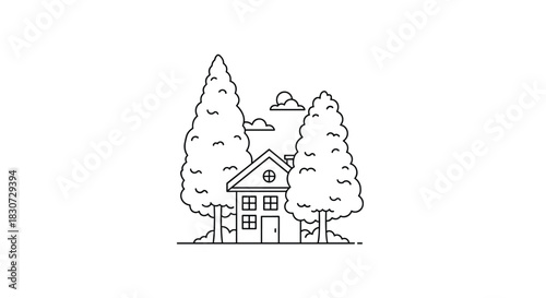 A minimalist line art drawing of a cozy house nestled between two tall trees, with a sun and clouds in a peaceful outdoor landscape.