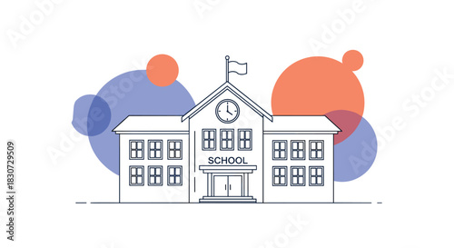 Clean line art vector illustration of a traditional school building with a clock tower, a flag, and abstract colorful background elements.
