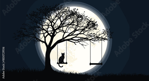 Whimsical night scene with a black cat on a swing under a majestic tree, illuminated by a glowing full moon and an adjacent empty swing.