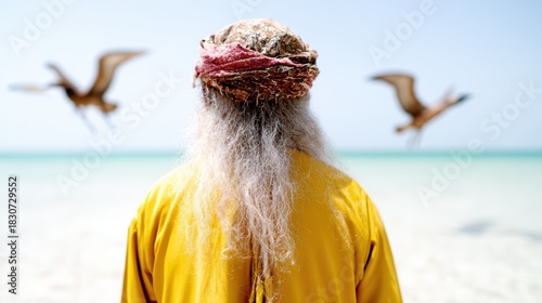 An elderly man with long grey hair stands on a pristine beach, wearing a traditional head wrap, as mystical flying creatures drift gracefully in the clear blue sky above him.