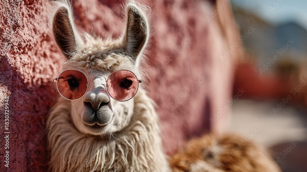 Fototapeta premium A stylish llama wearing round pink sunglasses stands confidently by a beautifully textured pink wall, adding a playful touch to the vibrant scene capturing attention.