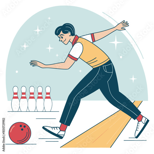 A bowling ball rolling toward pins in a vector icon design