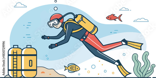 A diver icon in flat design underwater with scuba gear