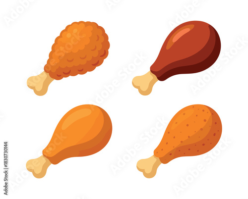 Chicken drumstick collection, roasted, fried, flat vector illustration