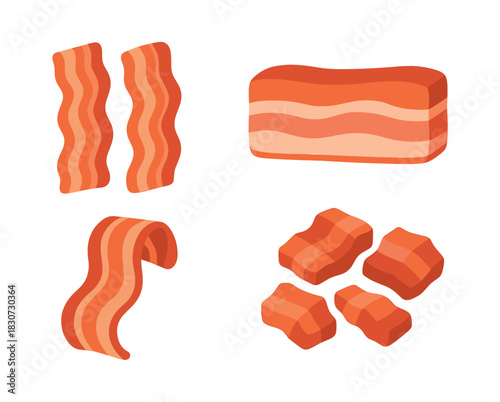 Bacon variety, flat vector illustration, meat, breakfast elements