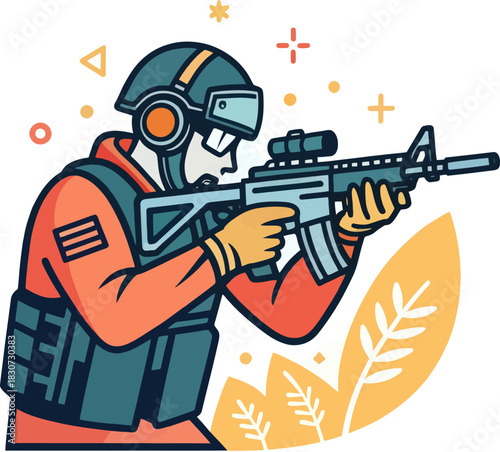 Airsoft player aiming airsoft rifle during outdoor shooting