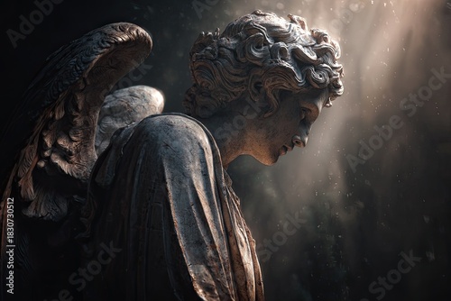 Angel statue bathed in soft light, wings visible, face downcast, evokes somber emotion
