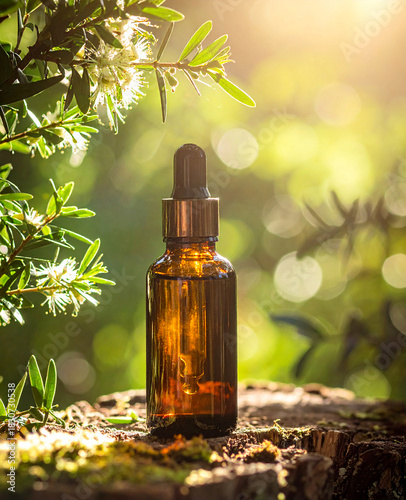 Tea tree essential oil in a beautiful natural setting, next to a Melaleuca alternifolia tree, the freshness of nature. aromatherapy, Óleo essencial, aromaterapia