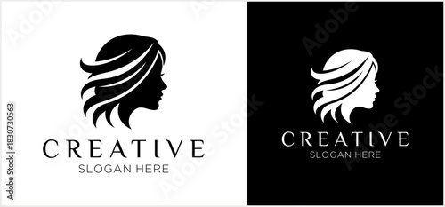 Silhouette of a woman's head with flowing hair, presented in both black on white and white on black variations.