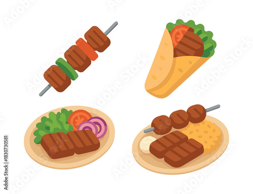 Barbecue kebab flat vector illustration. Grilled kebab