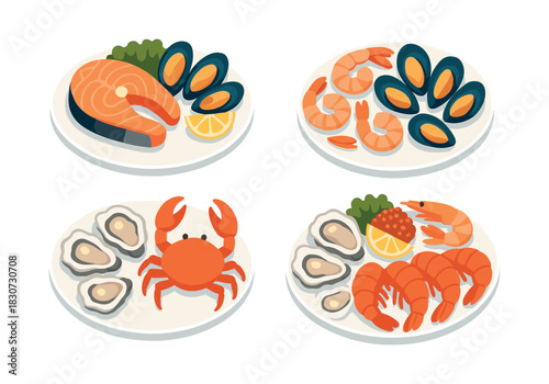 Seafood dishes vector illustration, flat vector style with shrimp and crab
