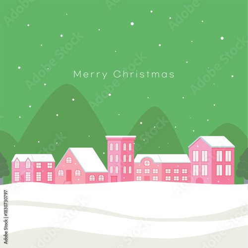 Merry Christmas Winter Village with Pink Houses and Snow