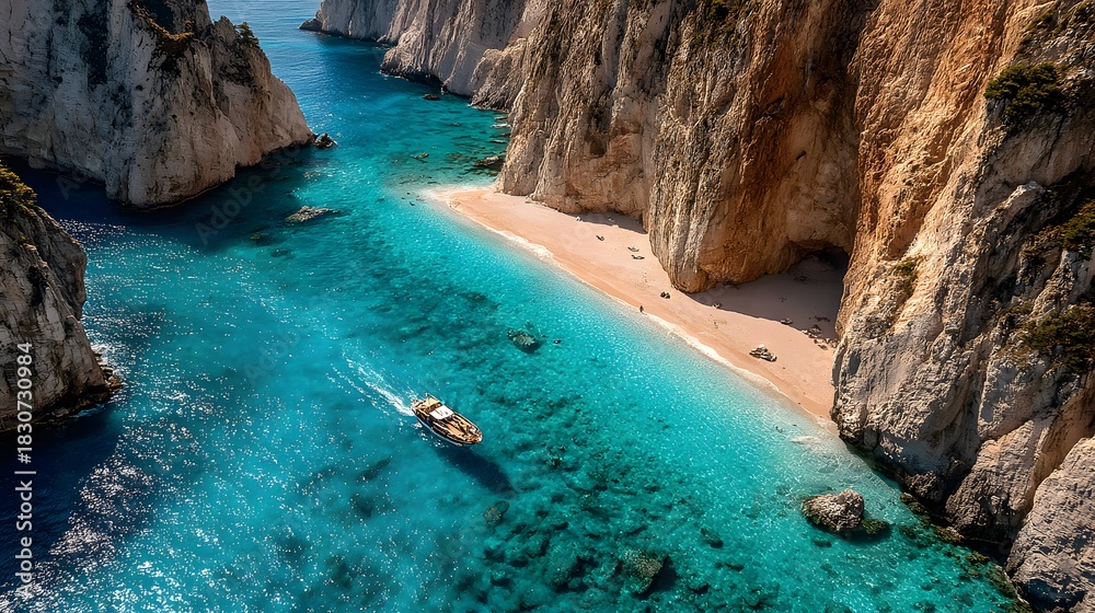 Naklejka premium Aerial view of secluded cove with white sandy beach and shipwreck surrounded by turquoise blue water and limestone cliffs in Zakynthos style.