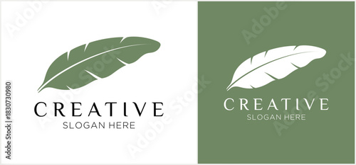 Elegant logo template featuring a stylized feather or banana leaf icon, shown in two color variations, green on white and white on green.