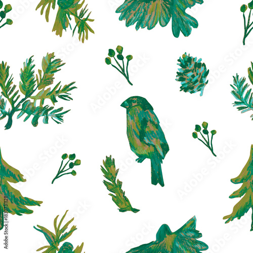 Seamless Christmas pattern in shades of green, drawn with wax crayons. Winter garden with birds, branches, toys, botanical print, done with oil pastels.