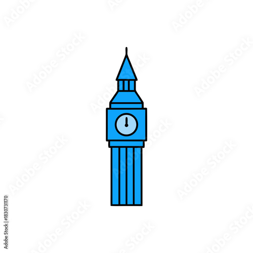 Illustration of a blue big ben clock tower outline on transparent background