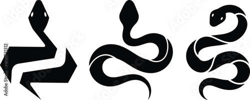 Set of three abstract black snake silhouette logos vector illustration, stylized serpent reptile icons collection isolated on white background for design.
