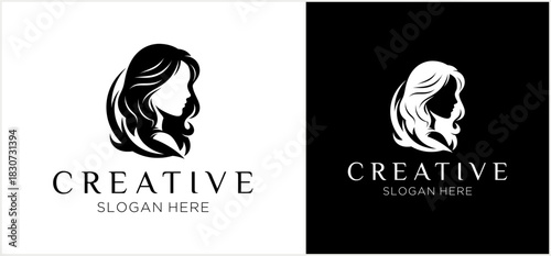 Elegant silhouette of a woman with flowing hair, logo design with text.