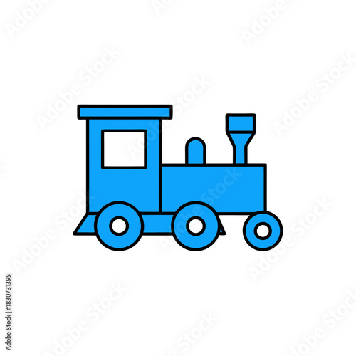 Illustration of a blue train with black outline on white on transparent background