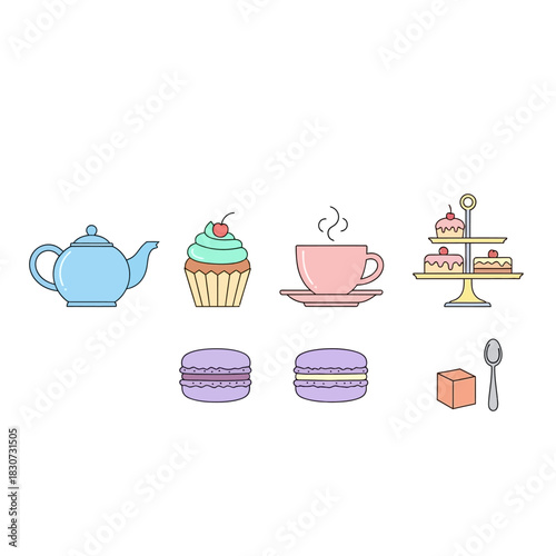 Pastel Afternoon Tea Set: Teapot, Cupcake, Teacup, Macarons and Cakes in Vector Illustration