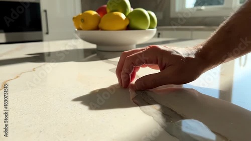 Kitchen Surface And Hand Interaction Under Warm Sunlight Showing Texture And Details